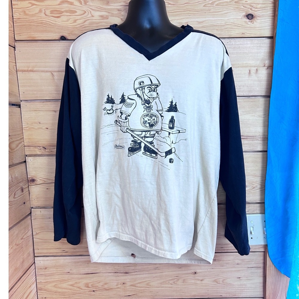 Vintage 1990s Tiger Brand Hockey Graphic Raglan Jersey Shirt Cream Black Mens XL